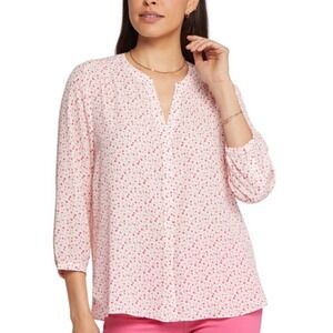 NYDJ 3/4 Sleeve Printed Pintucked Back Blouse In Pink Polka Dot Size XL